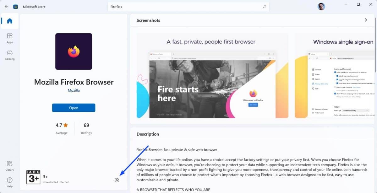 Share button on Microsoft Store