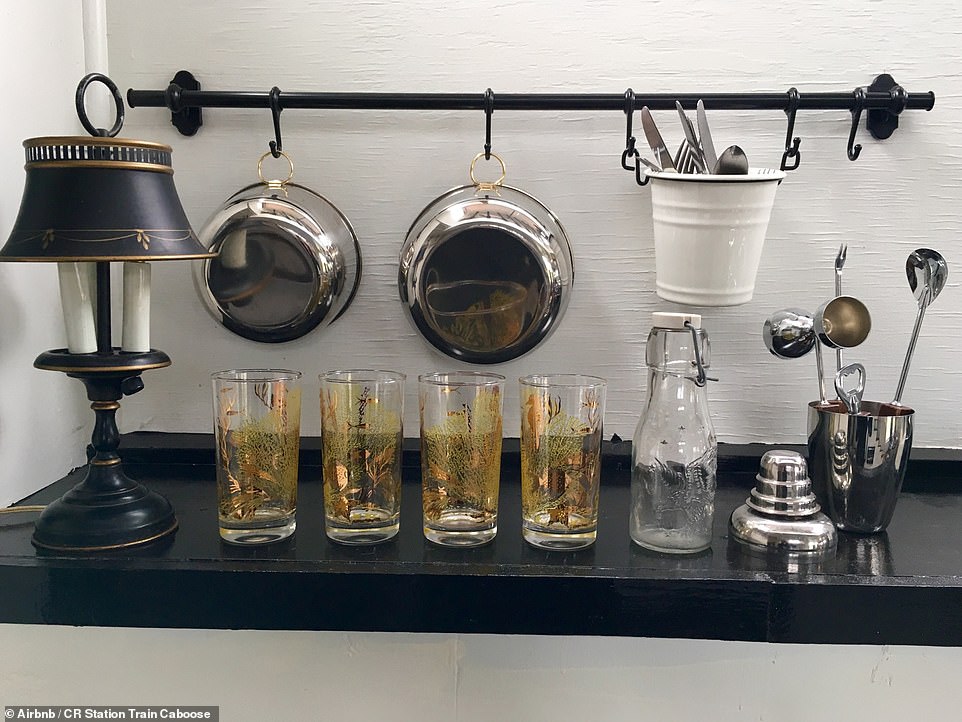 Pictured is Airbnb's barware for mixing cocktails.  There is also a toilet, a six gallon water heater and a shower.